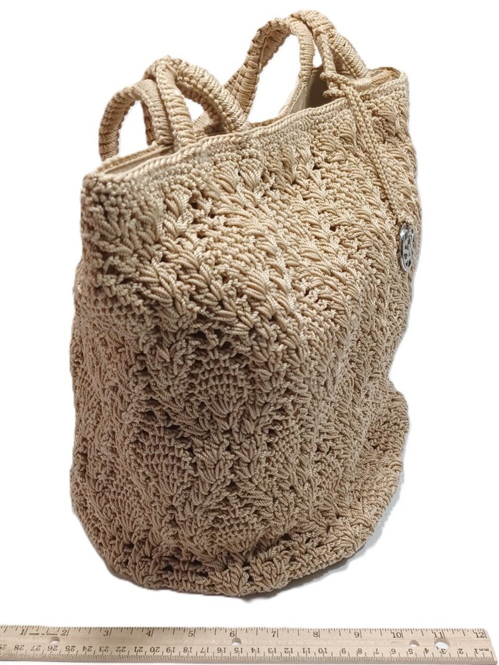 The Sak Hand Crochet Tan Shoulder Bag Double Strap 10"x12"x9" with 9" drop - Picture 8 of 9